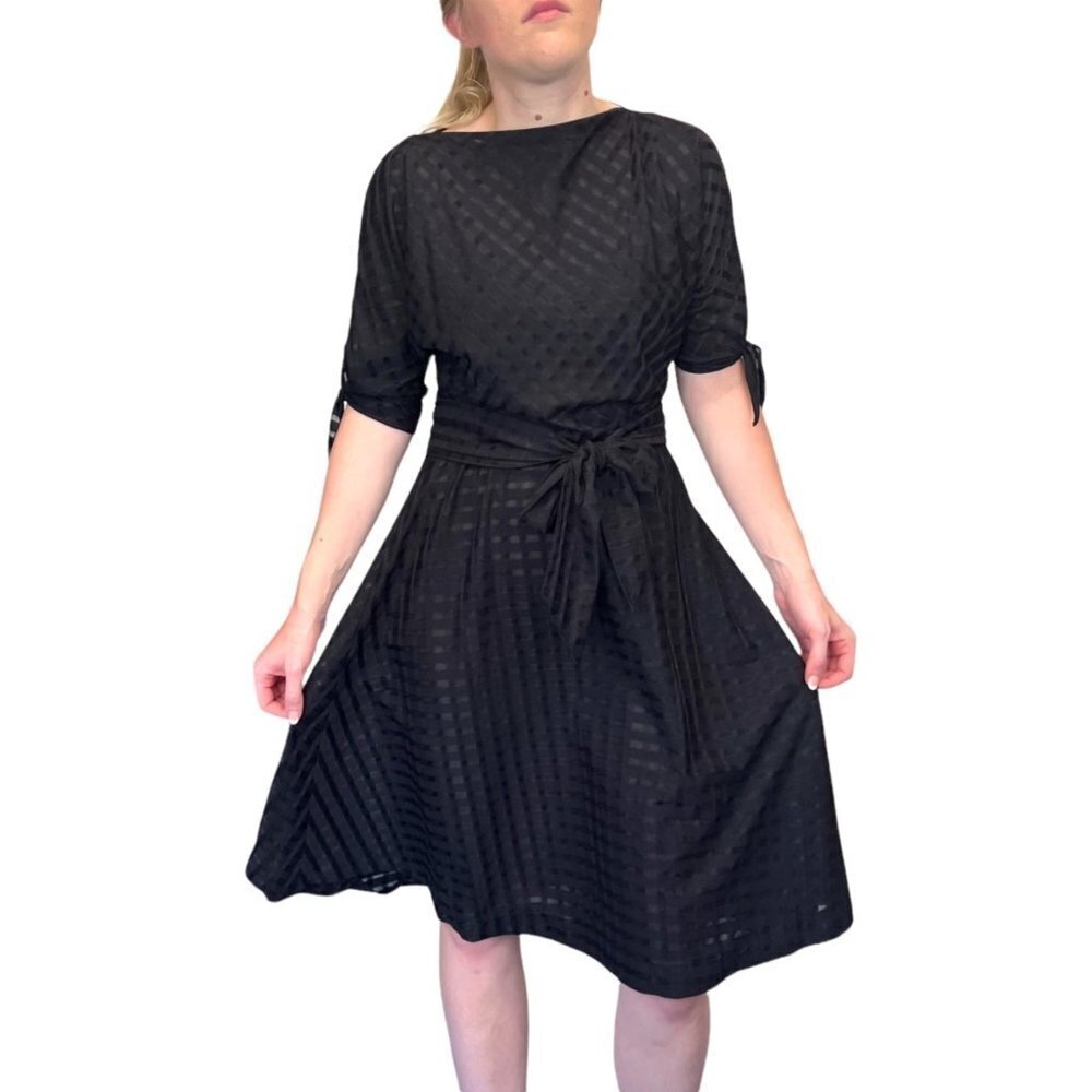 Vintage 70s 80s Jerells Sweetheart Belted Midi Dress Boat Neck Black 3/4 Sleeves